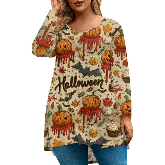 Abcomgle 4xl Womens Halloween Shirts Spooky Vintage Pumpkin Bat Graphic Shirts for Women Oversized Crewneck Long Sleeve Tee Top for Women Fall Loose Fit Womens Tee Shirts,XL