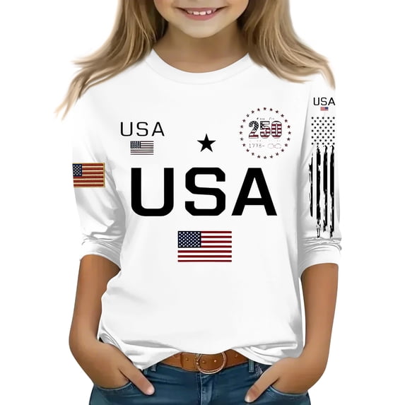 Abcomgle American Flag Shirts for Toddler Girls USA Flag Graphic Patriotic Tee Tops 4th Of July Shirts Crew Neck 3/4 Sleeve Tees Loose Independent Day Tshirt,White,3-4Years