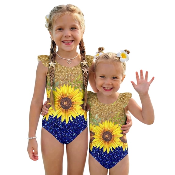 Abcomgle Baby Girl Swimsuit Sunflower Print One Piece Girls Swimsuit Ruffled Stretchy Girls Bathing Suit