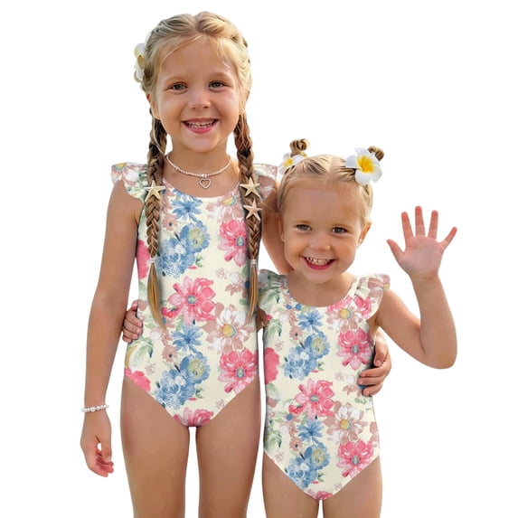 Abcomgle Baby Swimsuit Girl Ruffled Stretchy One Piece Girls Swimsuit Cute Floral Print Bathing Suits for Girls