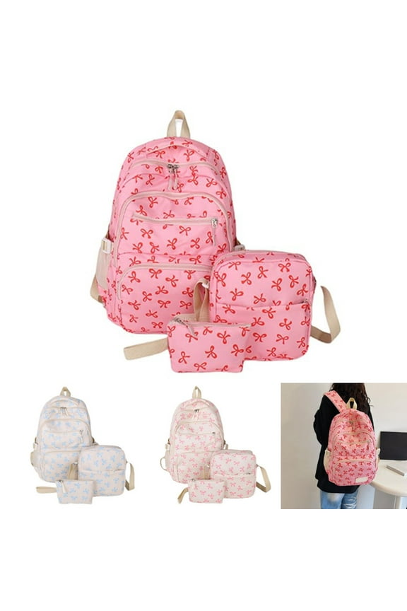 Bow Backpack, Back To School Backpack, 3Pcs Coquette Set, Aesthetic Daypack Bow Rucksack, Cute Kawaii, Bow Pattern, Large Capacity, Nylon, Lunchbox,Hot Pink