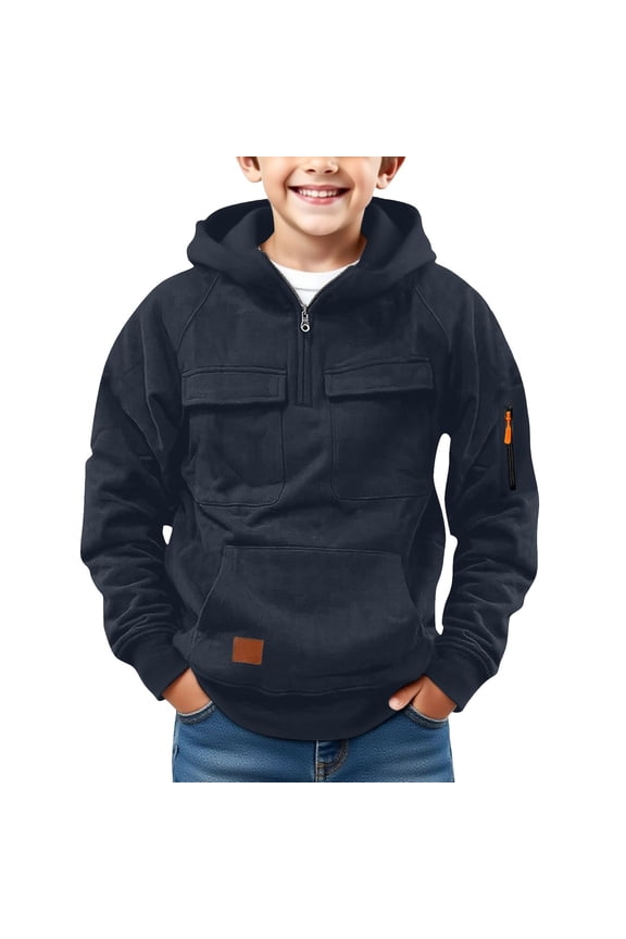 Boy Quarter Zip Hoodie Oversized Zipperd Sweatshirt Boys Tactical Long Sleeve Boys Pullover Hoodies Athletic Outdoor Running Youth Hoodie with Cargo Pockets,16-17 Years,Navy