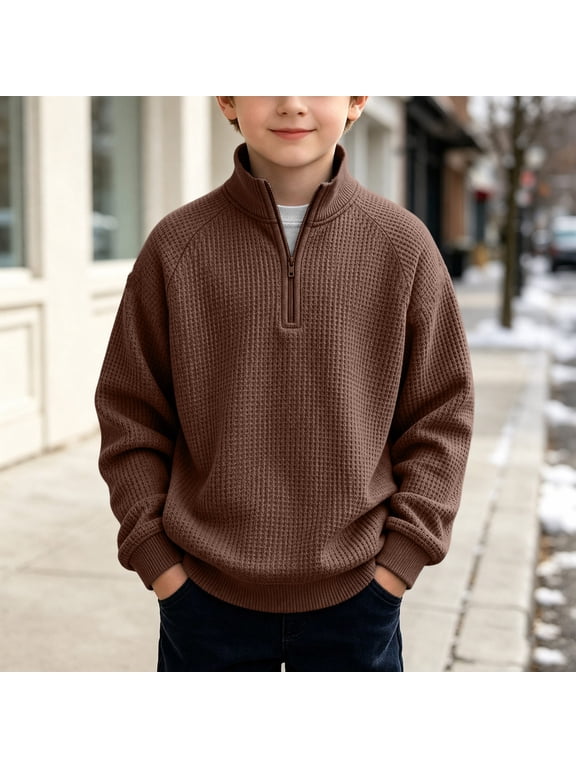 Boys 1/4 Zip Pullover Fashion Stand Collar Kids Pullover Sweatshirts Waffle Knit Raglan Long Sleeve Boys Pullover Sweater Loose Fit Boys Fall Shirts