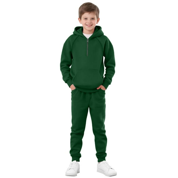Abcomgle Boys 2 Piece Outfits Size 14-16 Fleece Half Zip Long Sleeve Sweatshirts and Athletic Sports Pants for Girls Hooded Boys Two Piece Outfit,5-6 Years,Dark Green