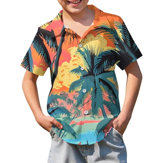 Abcomgle Boys Button Up Shirts Size 10-12 Button Down Short Sleeve Hawaii Shirts for Boys Cartoon Palm Tree Sunset Print Tourist Boys Dress Shirt,Earthy Yellow,5-6Years