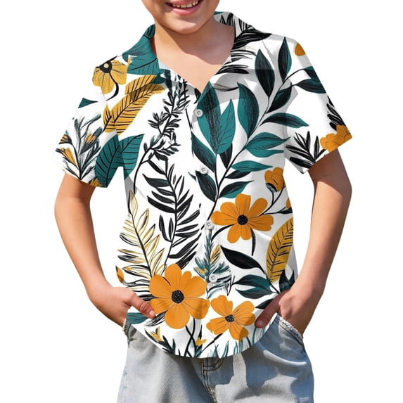 Abcomgle Boys Button Up Shirts Size 6-7 Button Down Short Sleeve Beach Shirts for Boys Tropical Floral Print Holiday Boys Dress Shirt,Earthy Yellow,5-6Years