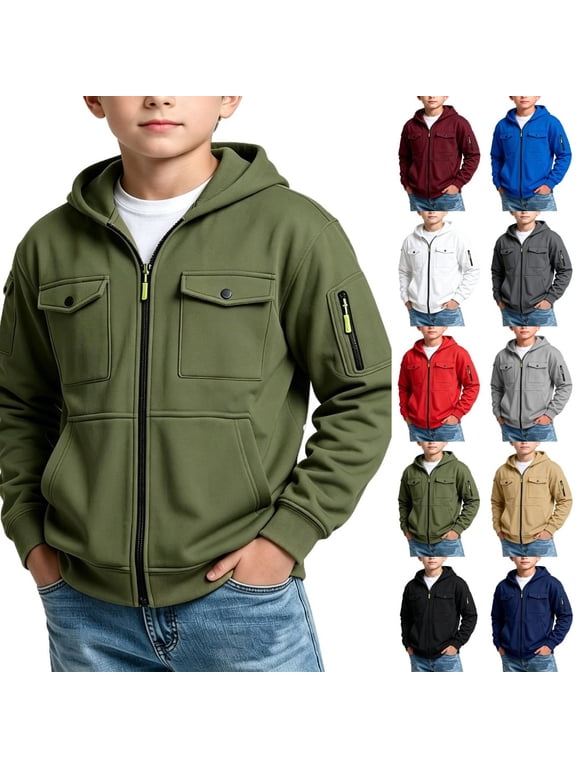 Boys Cargo Hoodies Casual Full Zip Sweatshirt Boys Tactical Long Sleeve Boys Pullover Hoodies Athletic Active Running Hoodies for Teen Boys with Multi-Pocket