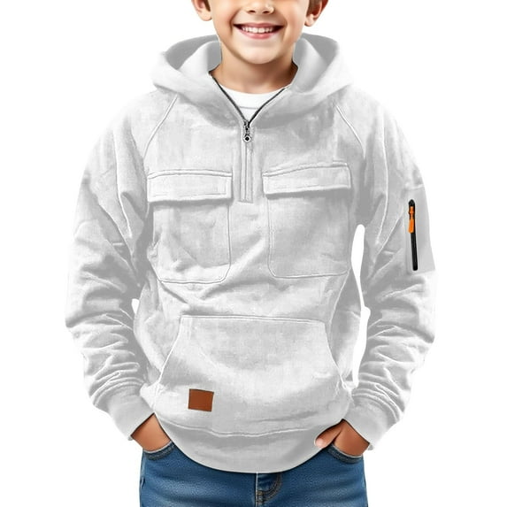 Abcomgle Boys Cargo Hoodies Casual Quarter Zip Sweatshirt Boys Tactical Long Sleeve Boys Pullover Athletic Outdoor Running Hoodies for Boys Kids with Cargo Pockets,14-15 Years,White