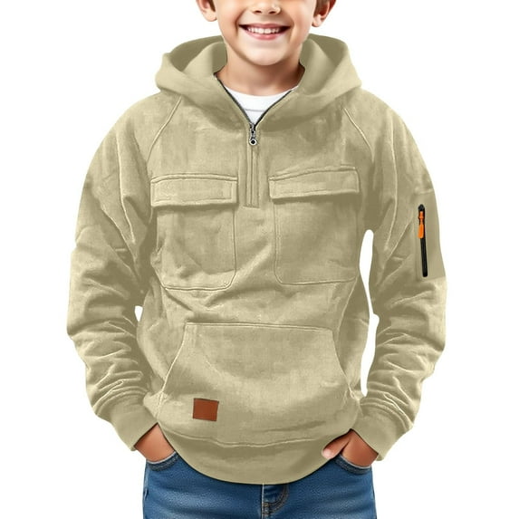 Abcomgle Boys Cargo Hoodies Casual Quarter Zip Sweatshirt Kids Tactical Long Sleeve Boys Pullover Athletic Outdoor Sports Hoodies for Boys Kids with Cargo Pockets,12-13 Years,Beige