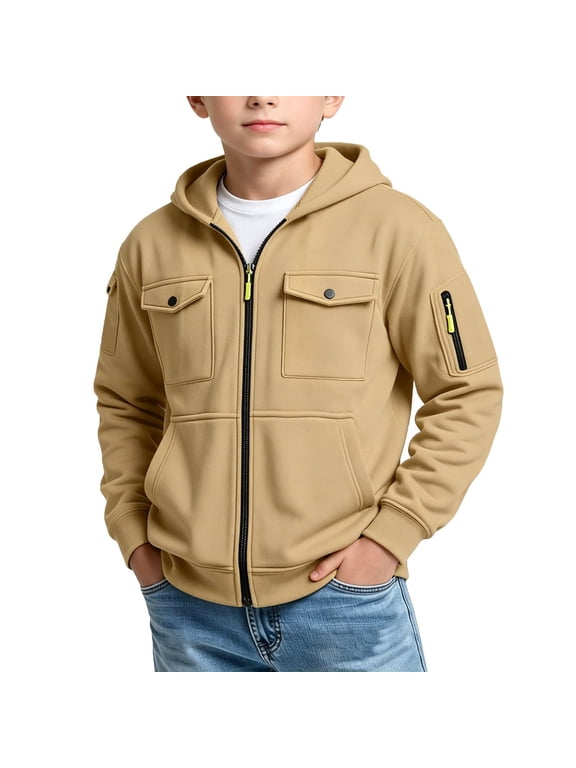 Boys Full Zip Pullover Oversized Zipperd Sweatshirt Kids Tactical Long Sleeve Boys Pullover Hoodies Athletic Active Sports Hoodies for Teen Boys with Cargo Pockets