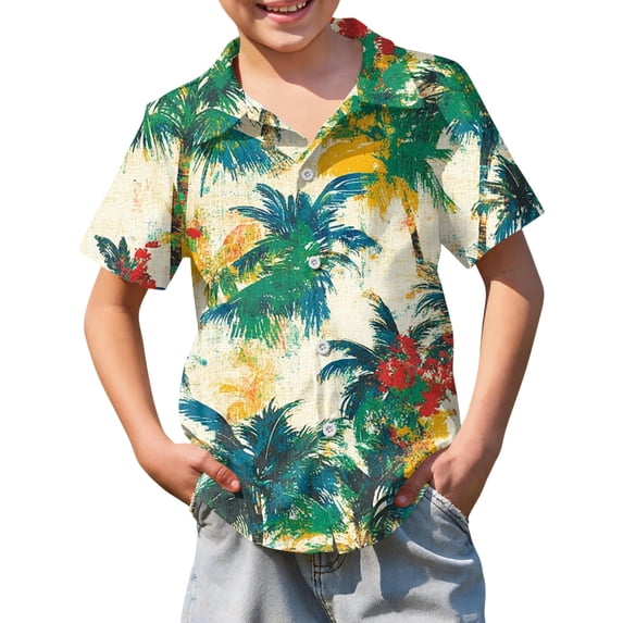 Abcomgle Boys Hawaiian Shirt 5/6 Button Down Short Sleeve Tropical Shirts for Boys Cartoon Palm Tree Print Holiday Boys Hawaiian Outfit,Green,12-13Years
