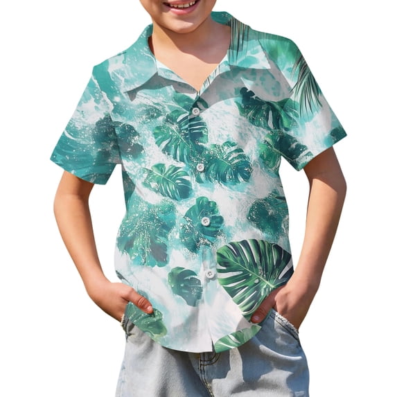 Abcomgle Boys Hawaiian Shirt Size 10-12 Tropical Palm Tree Print Hawaii Shirts for Boys Button Down Short Sleeve Cruise Spring Shirts for Boys,Light Green,10-11Years