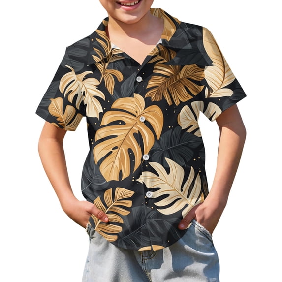 Abcomgle Boys Hawaiian Shirt Size 10-12 Tropical Palm Tree Print Tropical Shirts for Boys Button Down Short Sleeve Vacation Hawaiian Clothes for Boys,Dark Gray,9-10Years