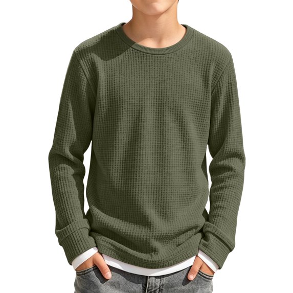 Abcomgle Boys Long Sleeve Shirts 7-8 Crewneck Fall Tee for Boys Waffle Basic Top for Boys Essential Fake Two Piece Boys Layering