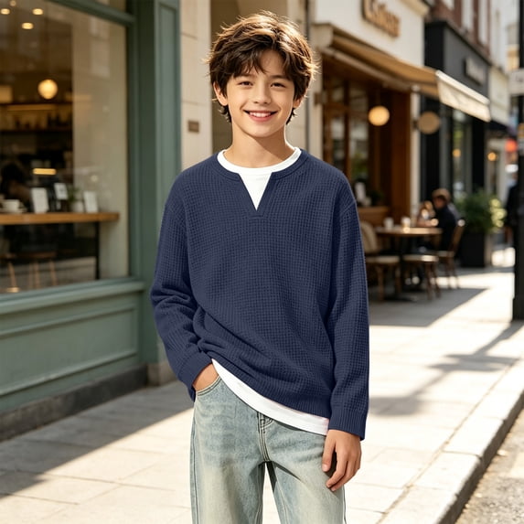 Abcomgle Boys Long Sleeve T Shirts 10-12 Henley Winter T-Shirts for Boys Waffle Basic Boys Tops Loose Fake Two Piece Boys Layering