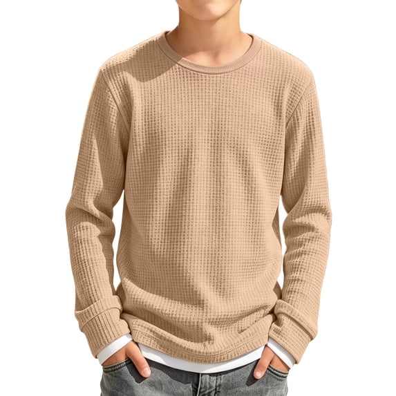 Abcomgle Boys Long Sleeve Tops 10-12 Crewneck Fall T Shirts for Boys Waffle Basic Top for Boys Soft Fake Two Piece Boys Sweatshirts