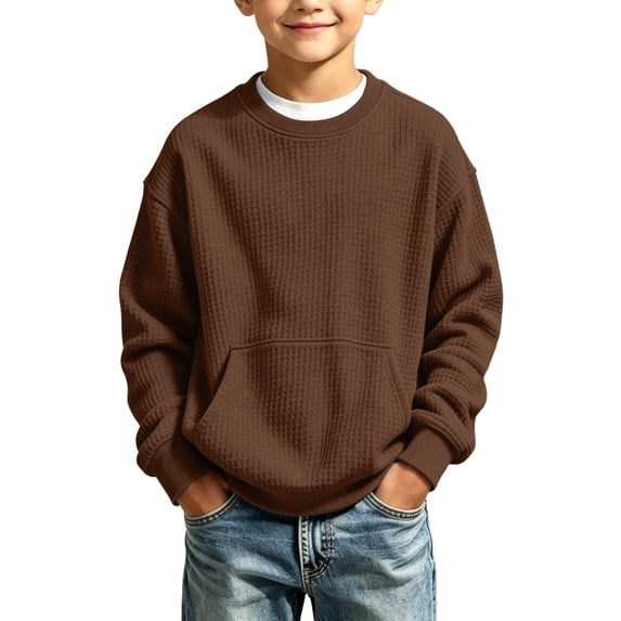 Abcomgle Boys Long Sleeve Tops 10-12 Crewneck Winter Shirts for Boys Basic Boys Tops Knitted Waffle Boys Shirts with Pocket