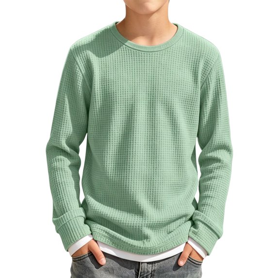 Abcomgle Boys Long Sleeve Tops 10-12 Waffle Fake Two Piece Crewneck Tshirts for Boys Winter Basic Boys Tops Loose Boys Layering