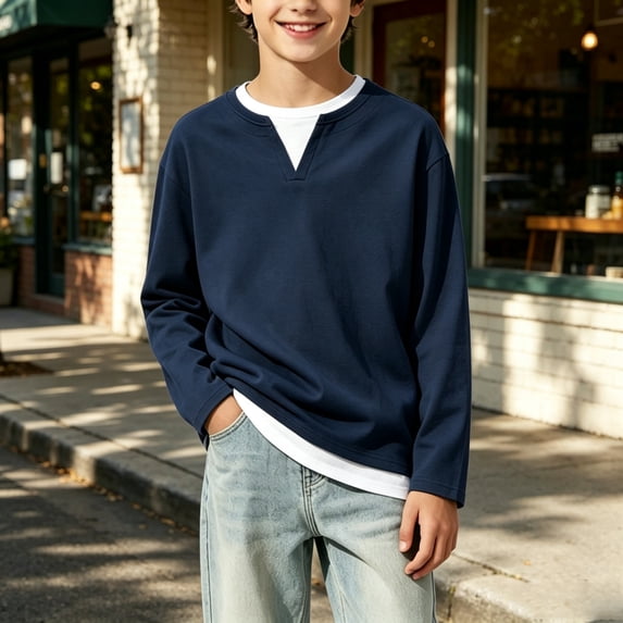 Abcomgle Boys Long Sleeve Tops 7-16 Casual Fake Two Piece Henley Shirts for Kids Boys Winter Basic Boys Tops Soft Layering for Boys