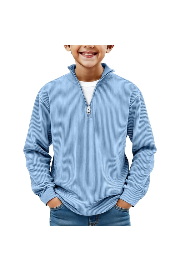 Boys Quarter Zip Pullover Fashion Textured Kids Pullover Sweatshirts Stand Collar Long Sleeve Boys Pullover Sweater Casual Boys Fall Shirts,13-14Years,Light Blue