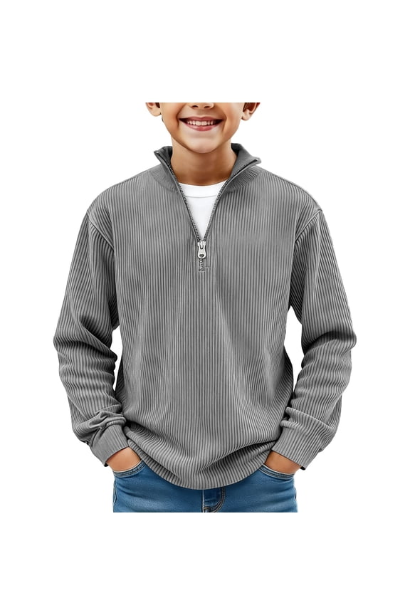 Boys Quarter Zip Pullover Stand Collar Long Sleeve Kids Pullover Sweatshirts Fashion Textured Boys Pullover Sweater Lightweight Boys Fall Shirts,9-10Years,Light Gray