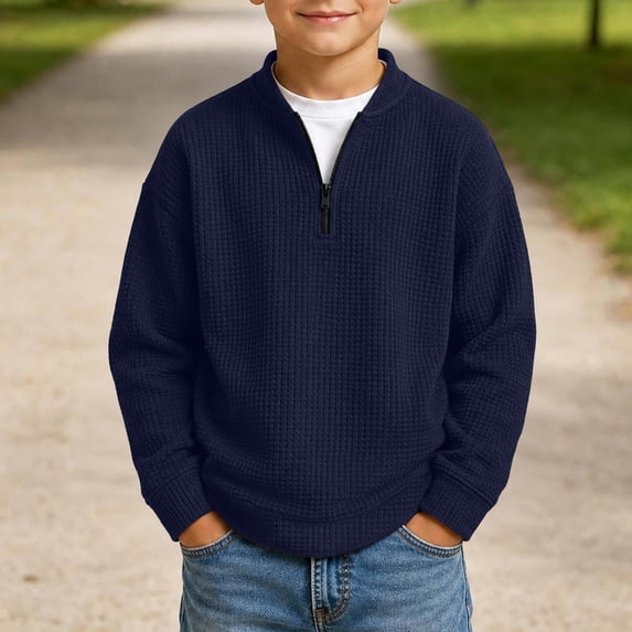 Abcomgle Boys Quarter Zip Sweater Athletic Waffle Knit Kids Pullover Sweatshirts Crewneck Long Sleeve Boys Pullover Sweater Trendy Boys Fall Shirts
