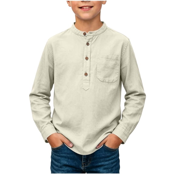 Abcomgle Boys Shirts Long Sleeve 10-12 Button Up Cotton Linen Henley Tshirts for Boys Winter Basic Top for Boys Lightweight Boys Tee Tops