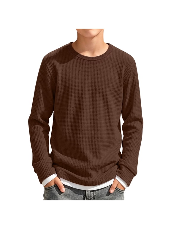 Boys Shirts Long Sleeve 10-12 Waffle Fake Two Piece Crewneck Shirts for Boys Winter Basic Boys Tops Waffle Boys Sweatshirts