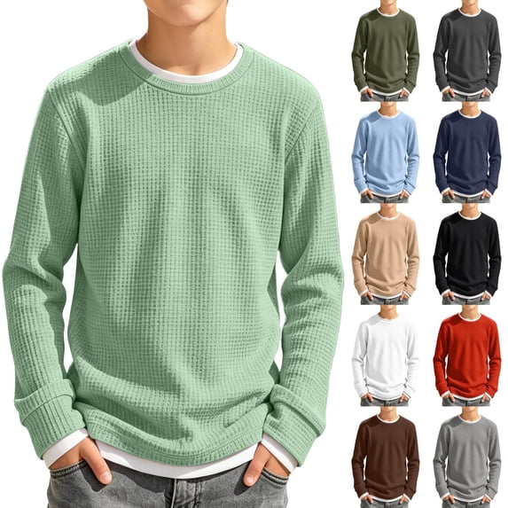 Abcomgle Boys Shirts Long Sleeve 7-8 Crewneck Fall Shirts for Kids Boys Waffle Basic Top for Boys Essential Fake Two Piece Boys Tee Tops