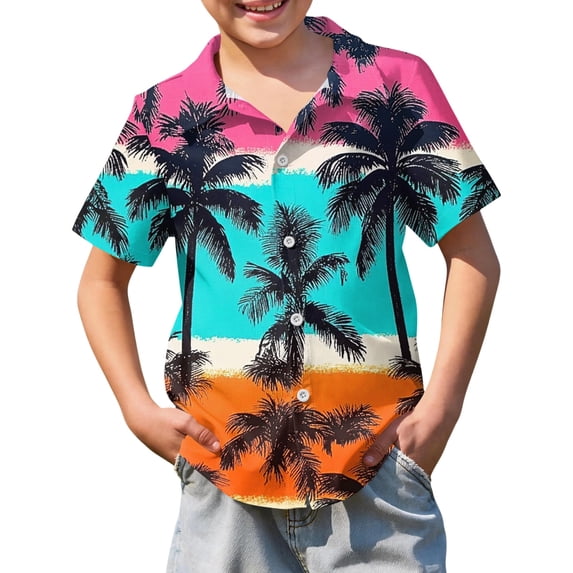Abcomgle Boys Short Sleeve Button Down Shirt Size 10-12 Button Down Short Sleeve Boys Spring Shirts Tropical Palm Tree Sunset Print Cruise Boys Dress Shirt,Sky Blue,10-11Years