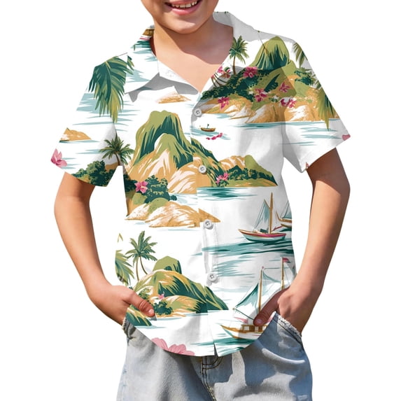 Abcomgle Boys Short Sleeve Button Down Shirt Size 10-12 Summer Mountains and Seas Print Hawaii Shirts for Boys Button Down Short Sleeve Vacation Hawaiian Clothes for Boys,Green,5-6Years