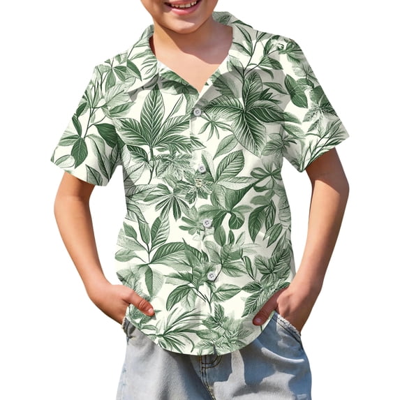 Abcomgle Boys Short Sleeve Button Down Shirt Size 10-12 Tropical Palm Tree Sunset Print Hawaii Shirts for Boys Button Down Short Sleeve Tourist Spring Shirts for Boys,Light Green,12-13Years