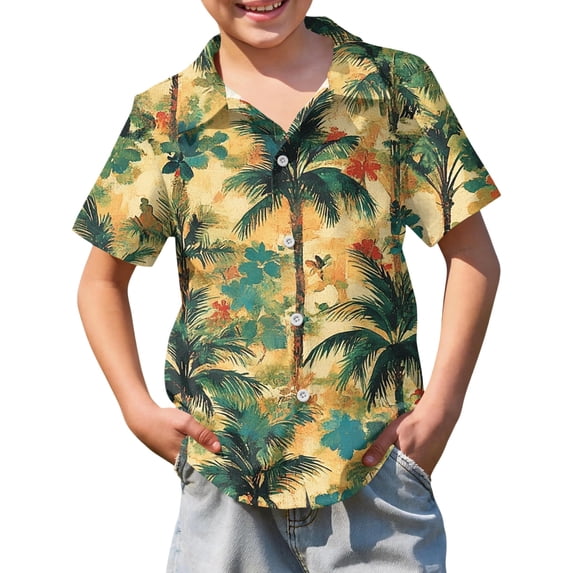 Abcomgle Boys Spring Shirts Tropical Palm Tree Print Funny Hawaiian Shirt Button Down Short Sleeve Tourist Hawaiian Clothes for Boys,Earthy Yellow,5-6Years