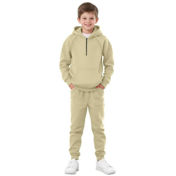 Abcomgle Boys Sweatshirt Set Fleece Half Zip Long Sleeve Girls Zip Up Hoodie and Athletic Sweatpants Hooded Girls Tracksuit,7-8 Years,Khaki