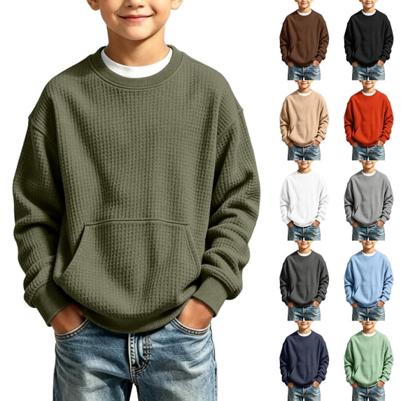 Abcomgle Boys Sweatshirts Size 10-12 Crewneck Long Sleeve Pullover Sweatshirts Casual WaffleSoft Youth Sweatshirt with Pocket