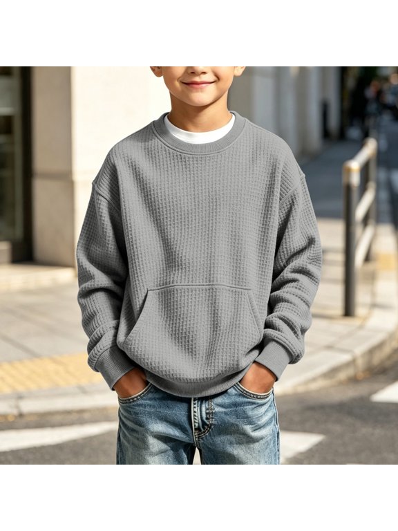 Boys Sweatshirts Size 10-12 WaffleLong Sleeve Crewneck Boys Pullover Casual Knitted Youth Sweatshirt with Pocket