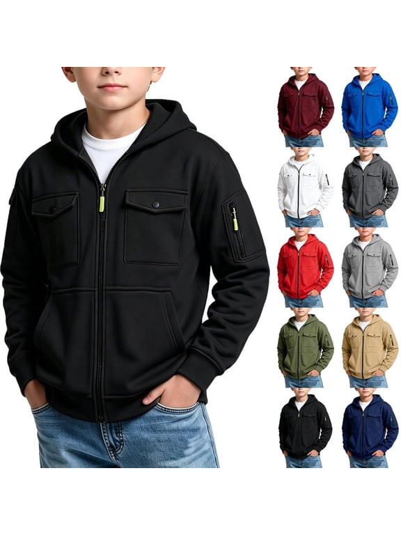 Boys Zip Up Hoodie 10-12 Oversized Full Zip Sweatshirt Boys Tactical Long Sleeve Boys Pullover Athletic Outdoor Sports Youth Hoodies for Boys with Cargo Pockets