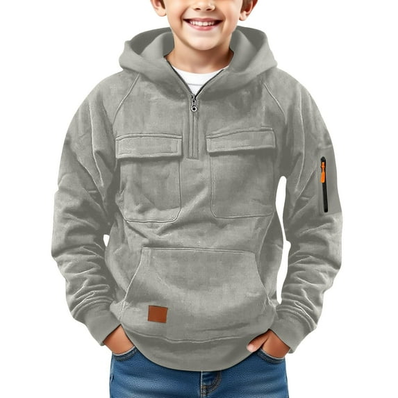 Abcomgle Boys Zip Up Hoodie 14-16 Casual Quarter Zip Sweatshirt Boys Tactical Long Sleeve Boys Pullover Hoodies Athletic Active Running Hoodies for Teen Boys with Cargo Pockets,8-9 Years,Light Gray