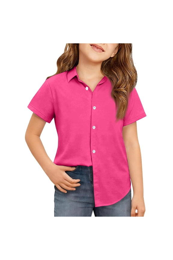 Button Down Shirts for Girls Long Sleeve Collared Girls Dress Shirts Summer Casual Formal School Uniform Blouse,Hot Pink,5-6Years