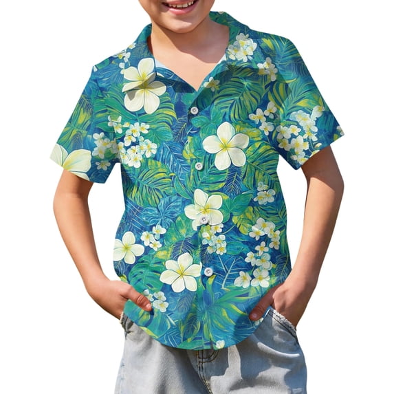 Abcomgle Button Up Shirts for Boys 10-12 Button Down Short Sleeve Boys Beach Shirt Summer Floral Print Vacation Hawaiian Clothes for Boys,Turquoise,9-10Years