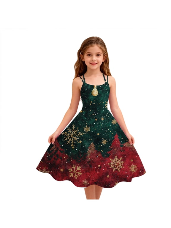 Christmas Dress for Kids Girls Snowflake Print Cami Dresses for Girls Cute Spaghetti Straps A-Line Dress Outfits Sleeveless Swing Dress Clothes for Girls
