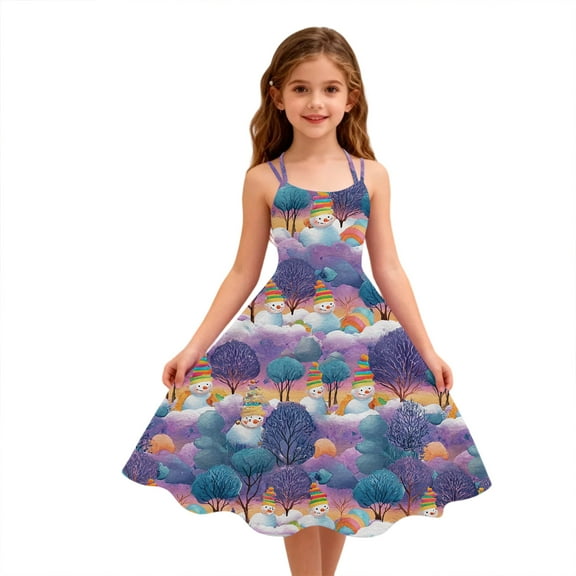 Abcomgle Christmas Dresses for Girls 10-12 3D Snowman Print Cami Dresses for Girls Cute Spaghetti Straps A-Line Dresses for Girls Sleeveless Fall Swing Dresses