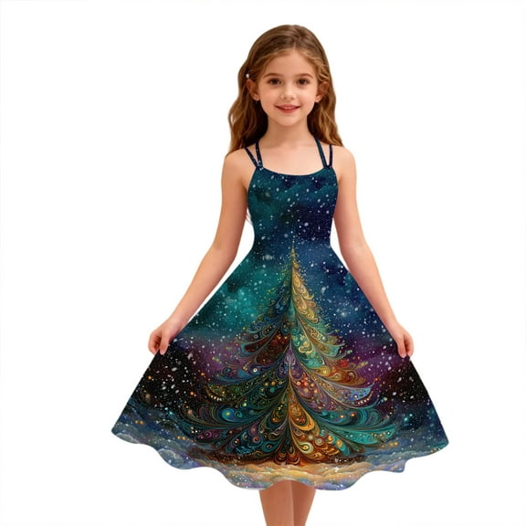 Abcomgle Christmas Dresses for Girls 10-12 Glitter Xmas Tree Christmas Dress Clothes for Girls Cute Spaghetti Straps A-Line Midi Dress for Girls Funny Sleeveless Swing Dresses for Girls