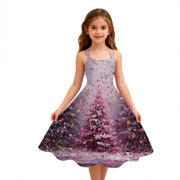 Abcomgle Christmas Dresses for Girls 7-8 Glitter Xmas Tree Midi Dress for Girls Cute Spaghetti Straps A-Line Dresses for Girls Sleeveless Casual Swing Dresses