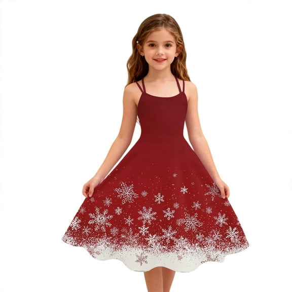 Abcomgle Christmas Dresses for Girls Cute Spaghetti Straps A-Line Midi Dress for Girls Snowflake Print Dress Outfits Sleeveless Swing Dresses for Girls