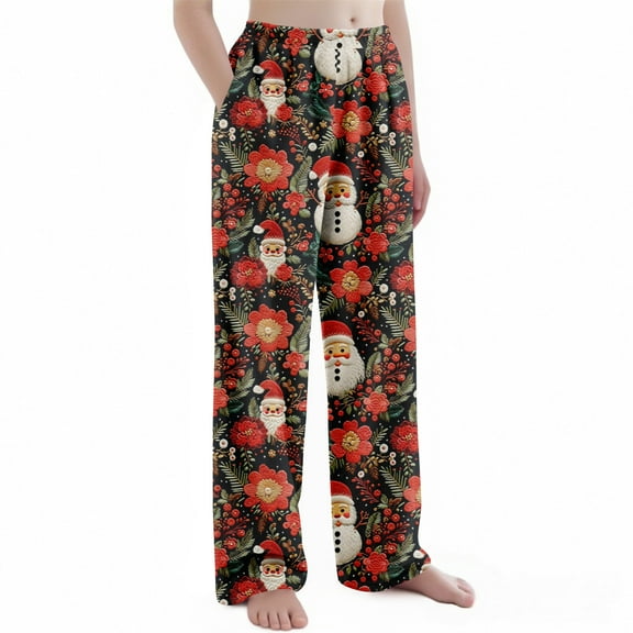 Abcomgle Christmas Pajamas Girls Santa Floral Print Pajama Pants Kids Casual Flannel Pj Bottoms Kids Elastic Waist Soft Girls Christmas Pants,8-9Years,Wine
