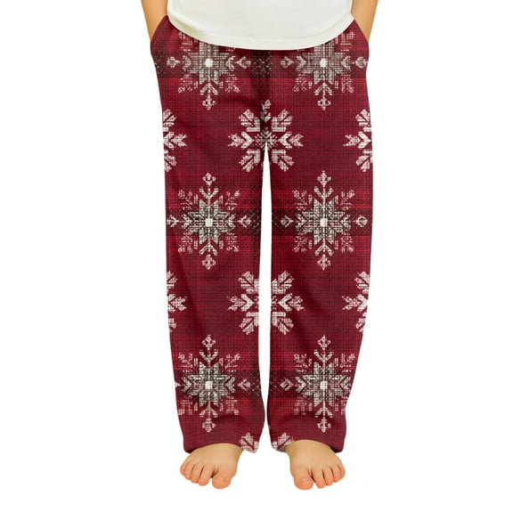Abcomgle Christmas Pjs Kids Snowflake Print Pajama Pants Boys Casual Flannel Pj Bottoms Kids Elastic Waist Comfy Christmas Sleepwear,3-4Years,Deep Red