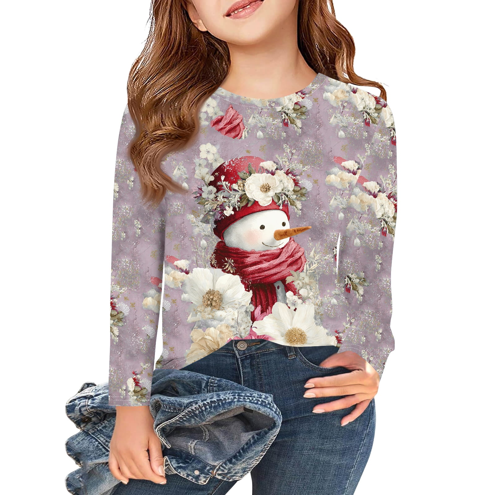 Abcomgle Christmas Shirts for Girls 5t Cute Snowman Floral Print Shirts ...