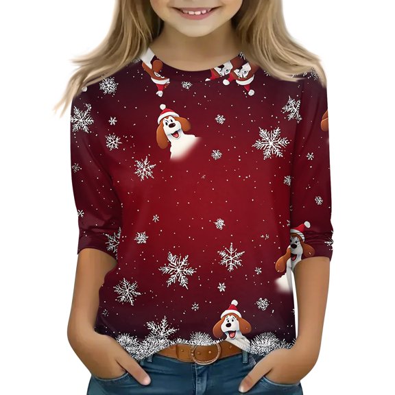 Abcomgle Christmas Shirts for Kids Boys Cute Dog Snowflake Tshirts for Girls Crewneck 3/4 Sleeve Shirts for Kids Girls Fall Funny Holiday Blouses for Girls,9-10 Years