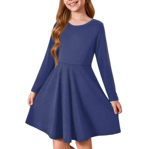 Abcomgle Cute Dresses for Girls 10-12 Casual A-Line Long Sleeve Girls T-Shirt Dresses Solid Girls Skater Dress Flare Crew Neck Swing Dresses for 4-14t Kids 5-6 Years,Dark Blue